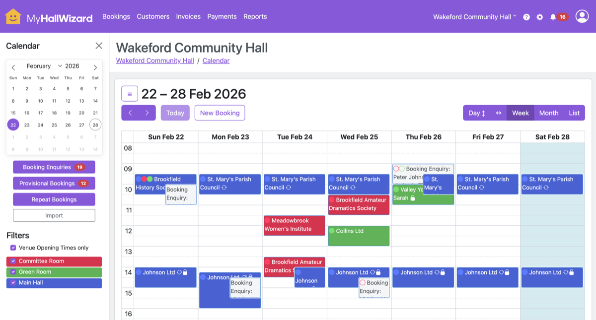 MyHallWizard calendar showing colour-coded room bookings across a week