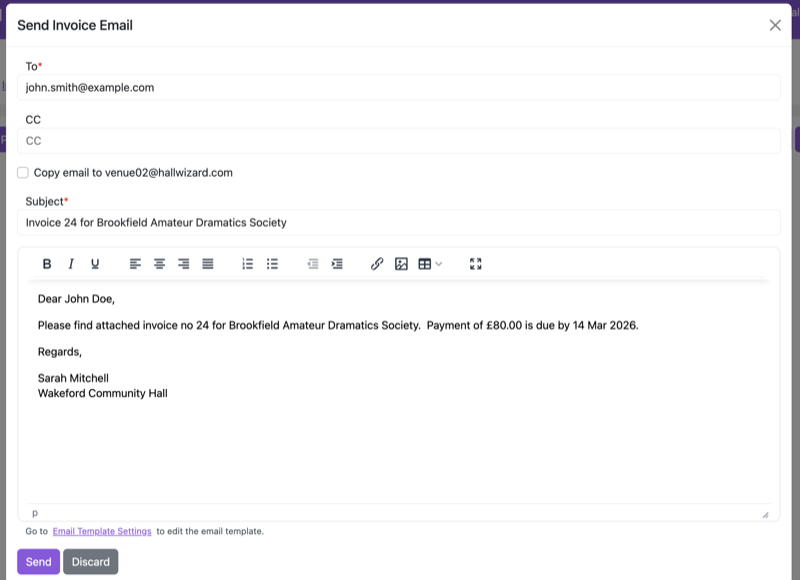 MyHallWizard invoice email editor with rich text formatting