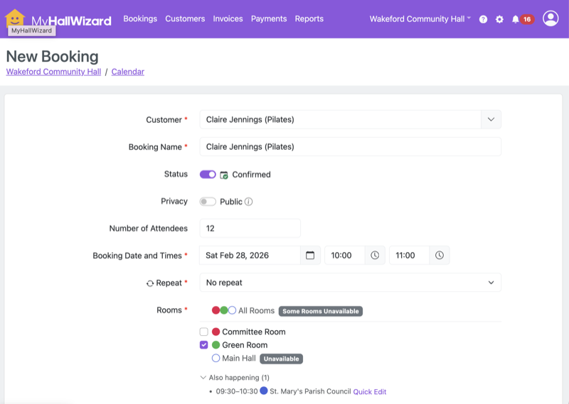 MyHallWizard new booking form with room selection and live availability