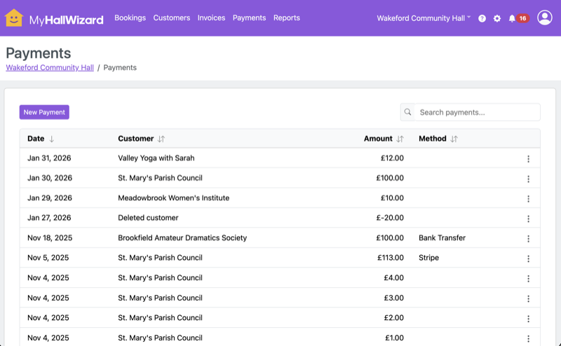 MyHallWizard payments list showing recent transactions