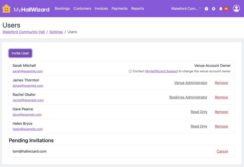 MyHallWizard user management screen showing different roles