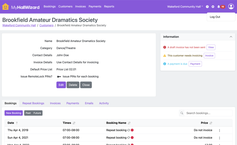 MyHallWizard customer detail page with information cards and booking history