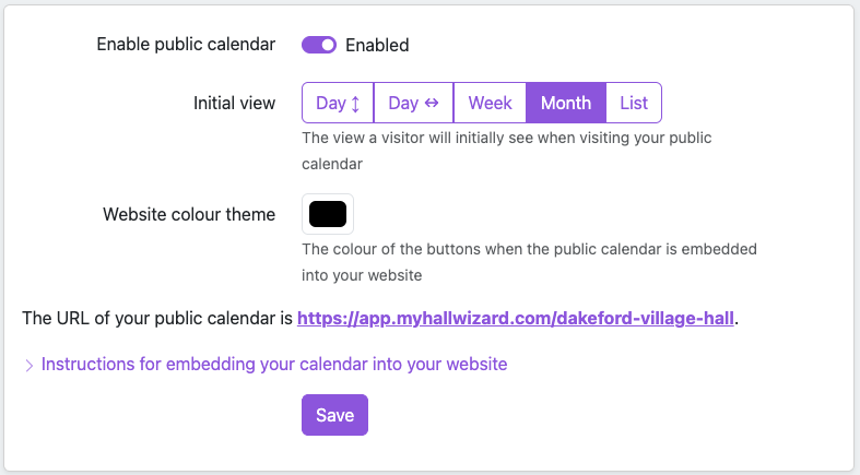 Public Calendar panel