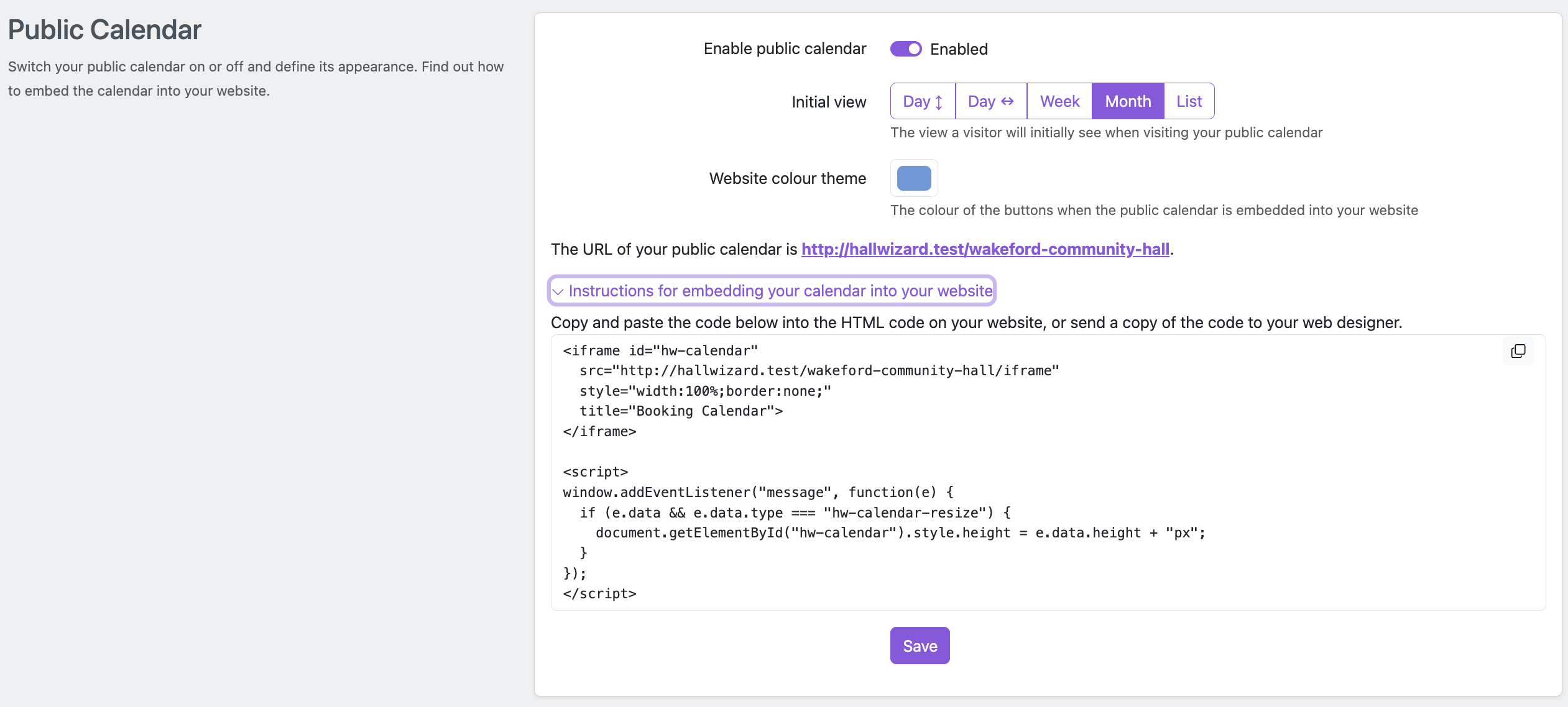 Public calendar settings showing embedding code