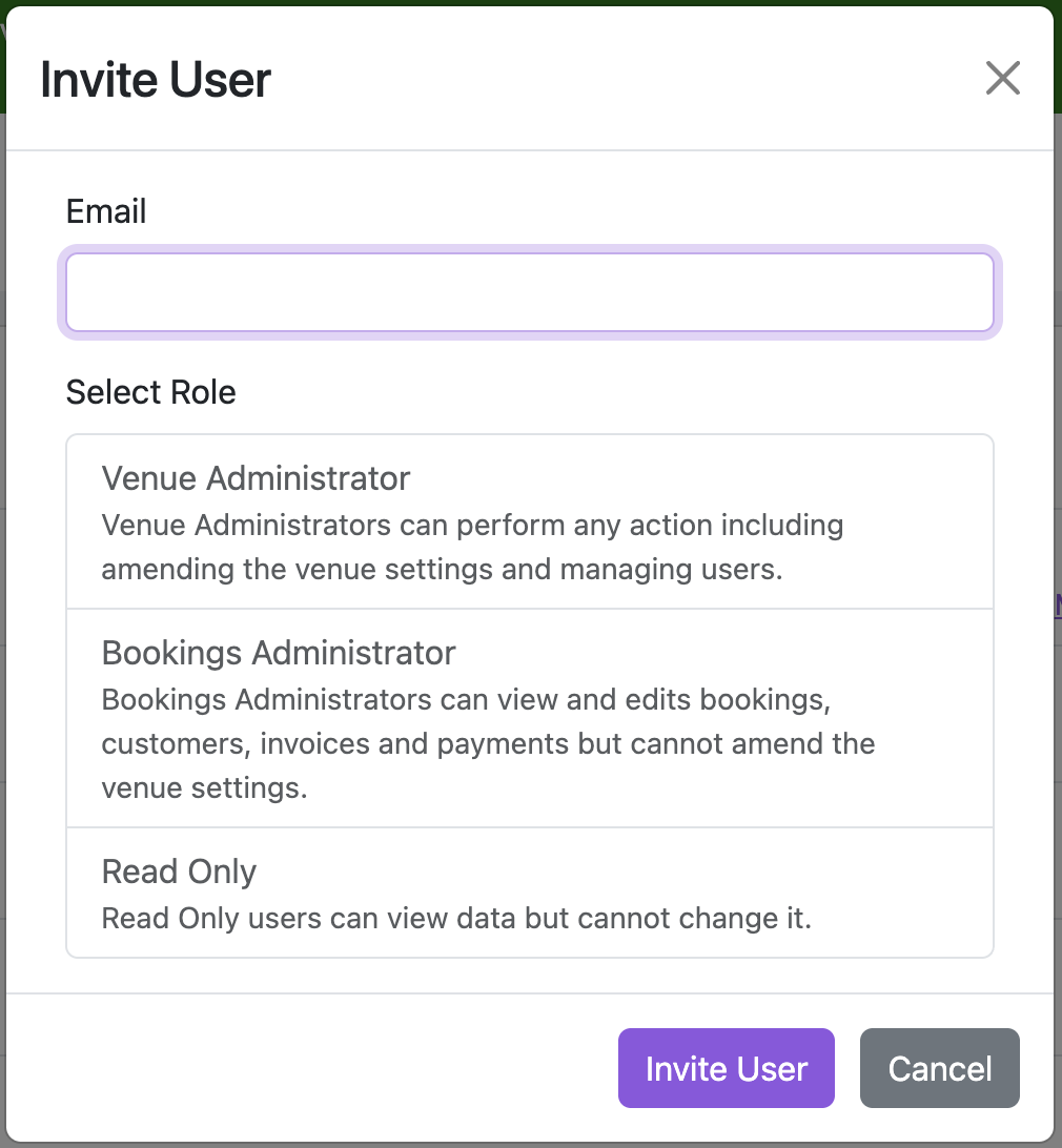 Invite User modal with email field and role selection