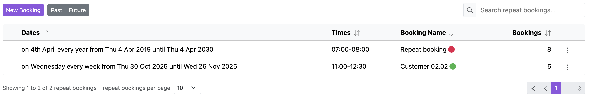 Repeat Bookings table showing series list with filter buttons