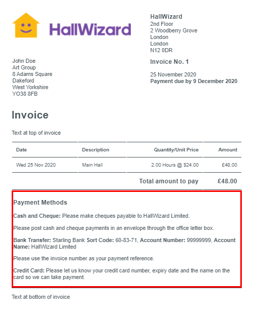 Payment Methods on Invoice example