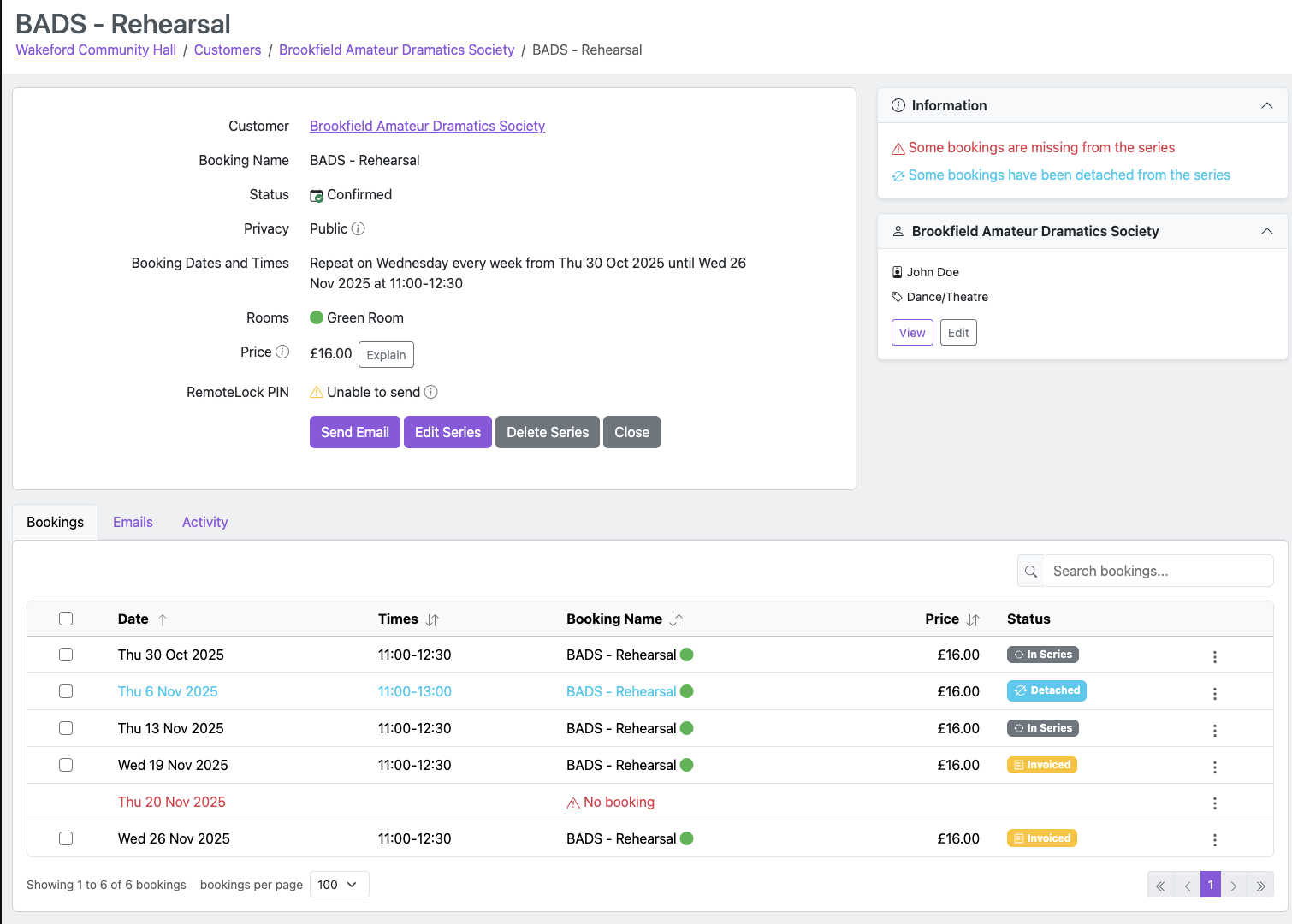 Repeat booking series page showing the bookings list with status indicators