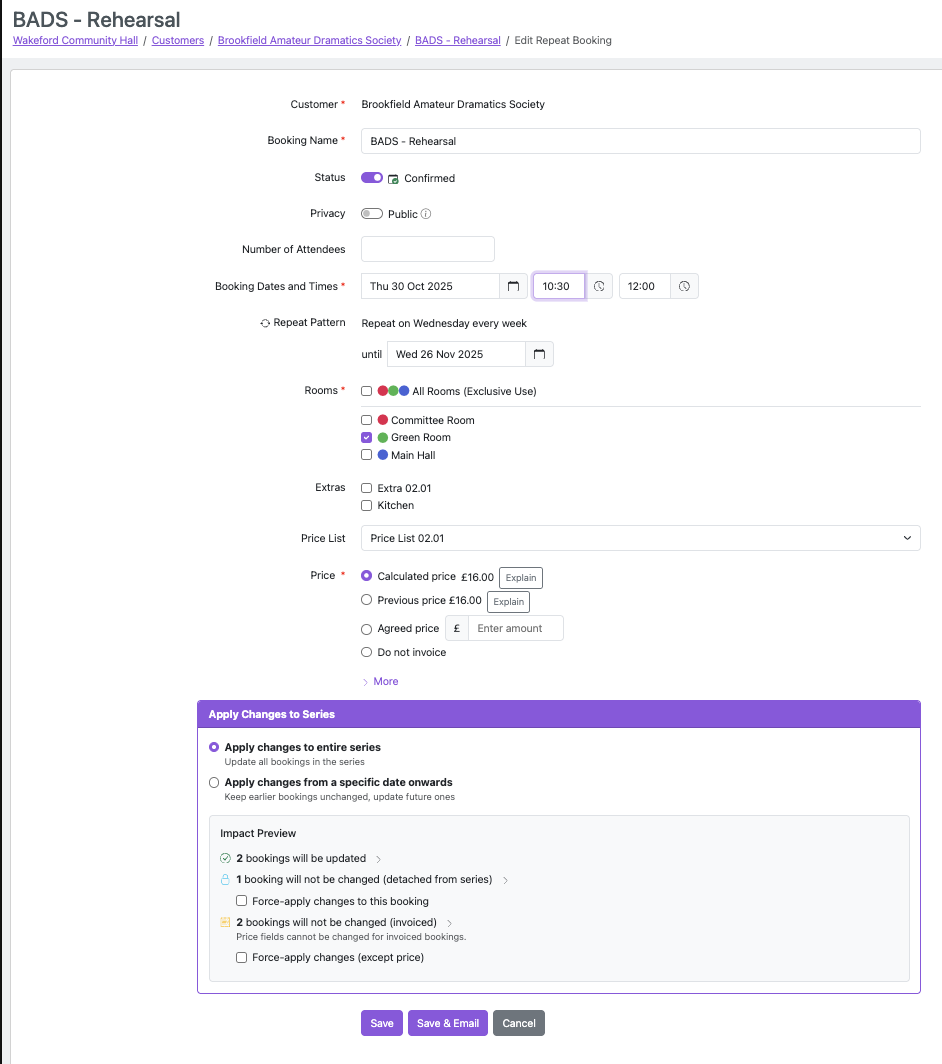 Edit series form showing the ImpactPreviewSection with multiple categories expanded