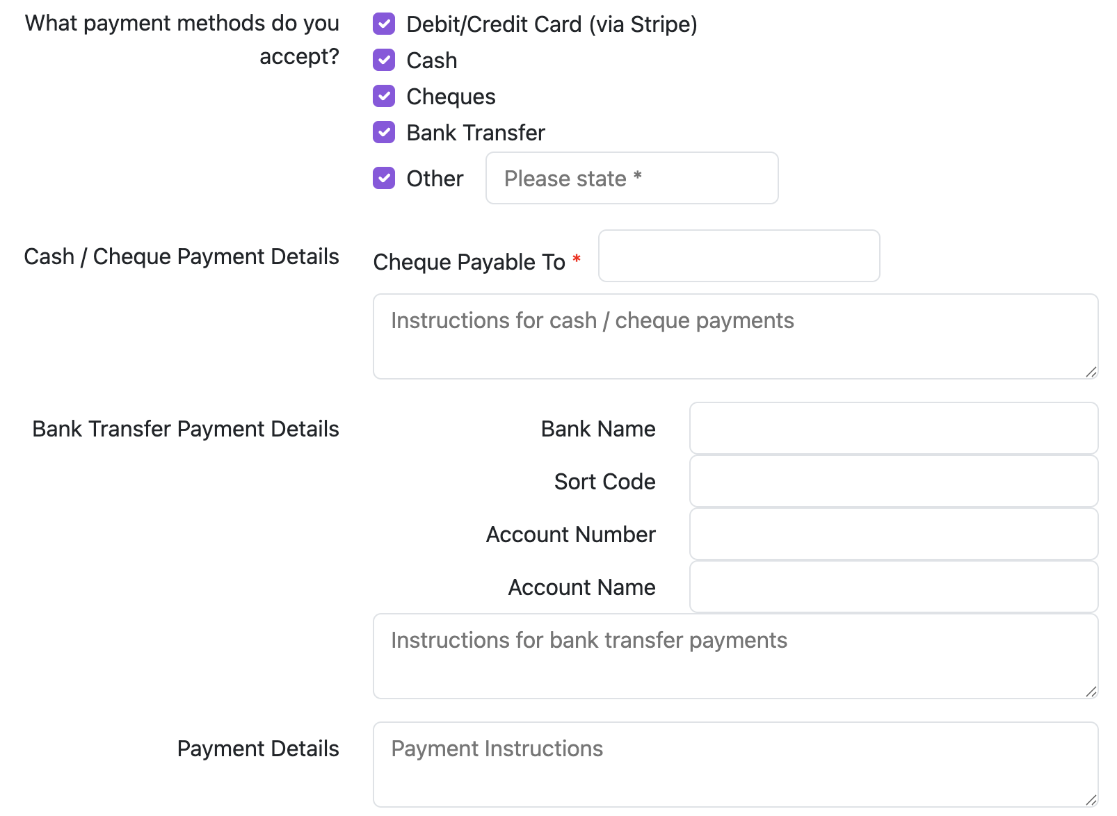 Payment methods checkboxes showing all 5 options