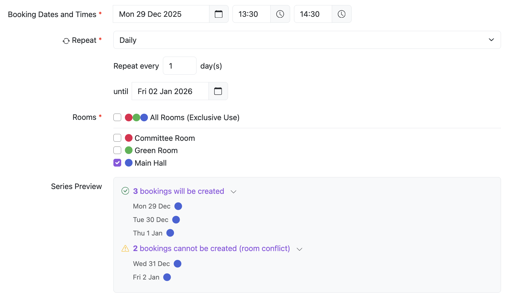 New repeat booking form showing the Create Preview Section with "Will be Created" and "Will Clash" counts expanded
