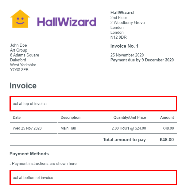 Location of text at top and bottom of invoice