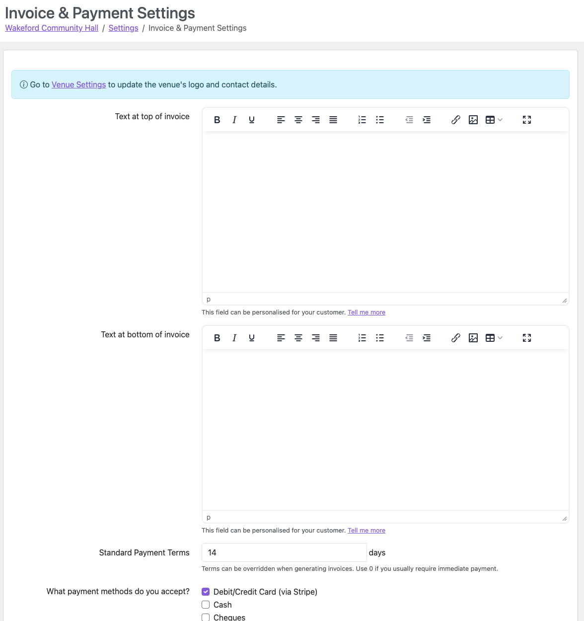 Invoice and Payment Settings page