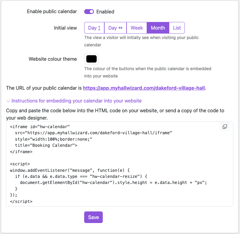 Code snippet for embedding the calendar into your website
