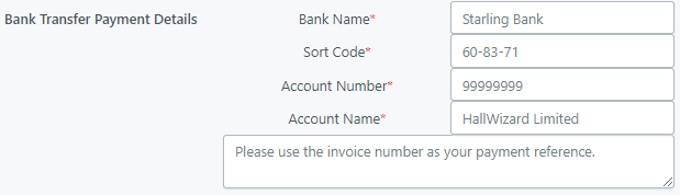 Bank Transfer settings